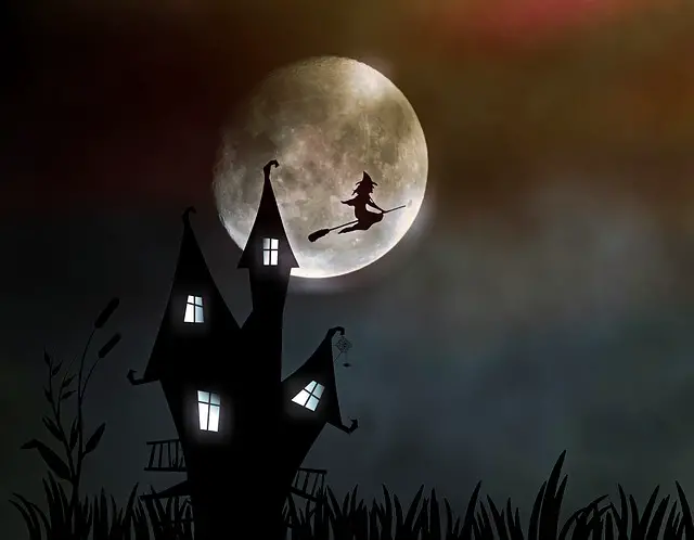 narrative structure of a story in which a witch is flying on a broom above a cartoon house and a huge moon in the background