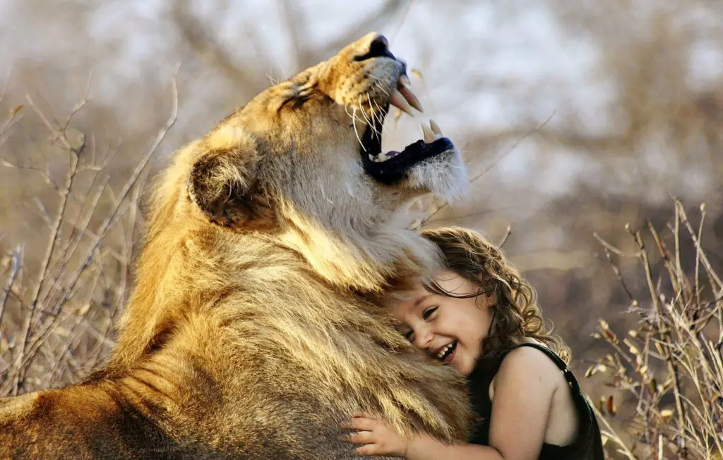 girl cuddling with lion showing strength