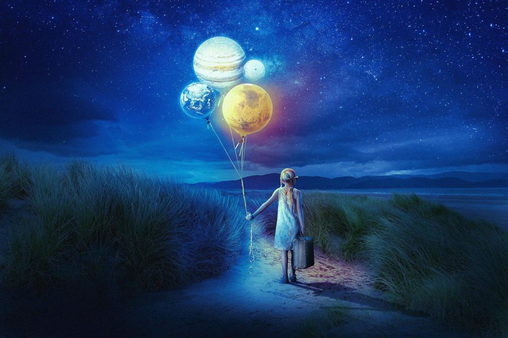 little girl setting out on a journey determine and motivated while holding a suitcase in one hand and balloons in the shape of planets in the other