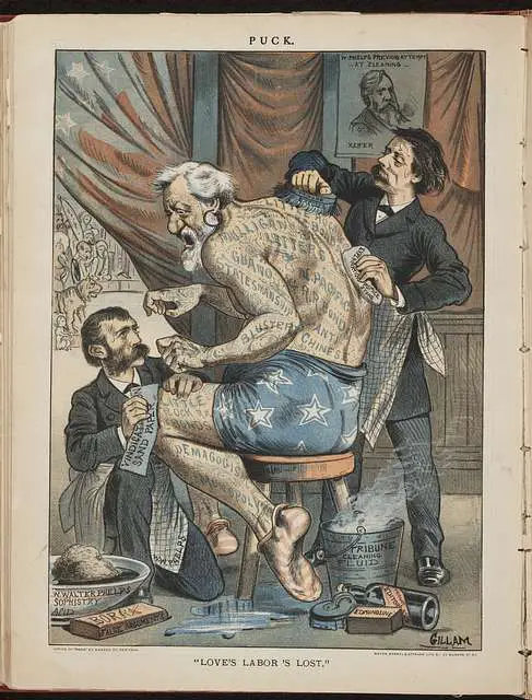 two men in suits scrubbing a muscular man in blue shorts sitting on a chair - love's labour's lost