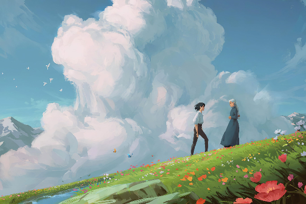 cloud 9 - boy and girl strolling through grass with big white clouds behind them
